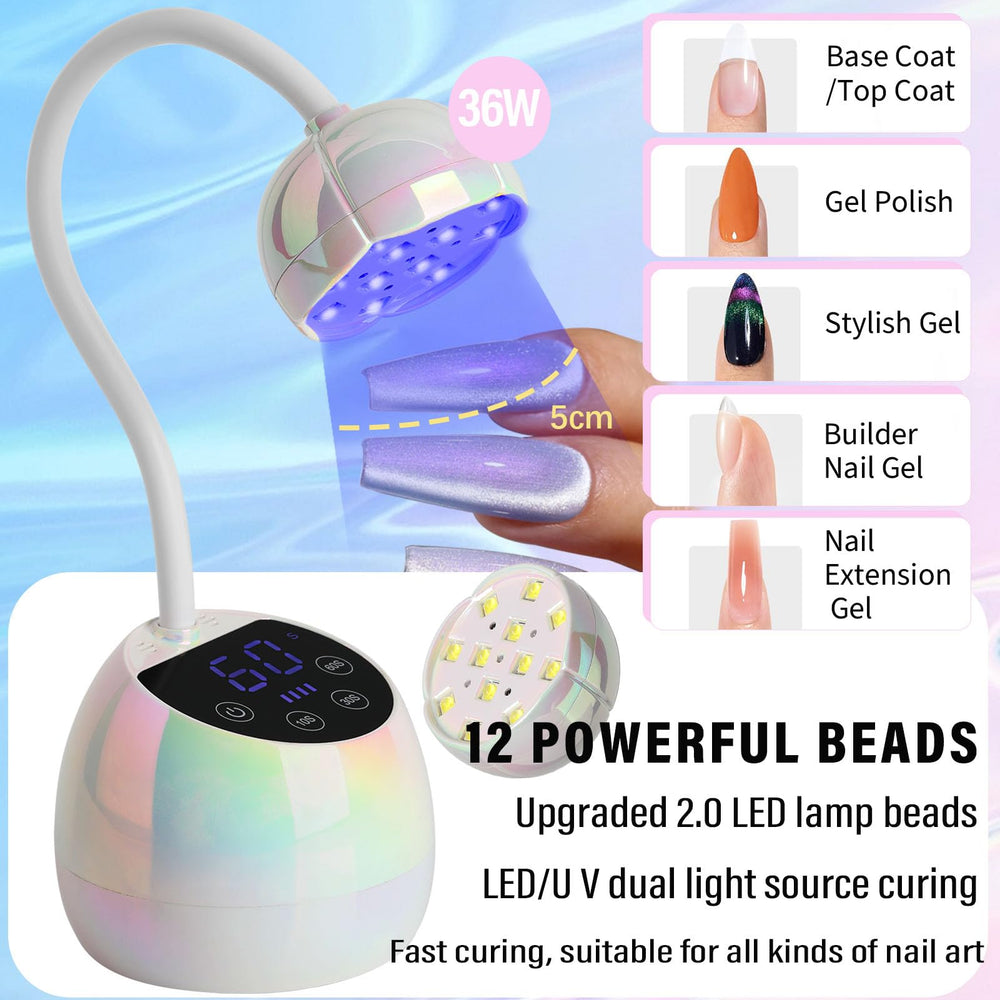 PHAIN U V Nail Lamp gooseneck-angled for precise, flexible nail curing.