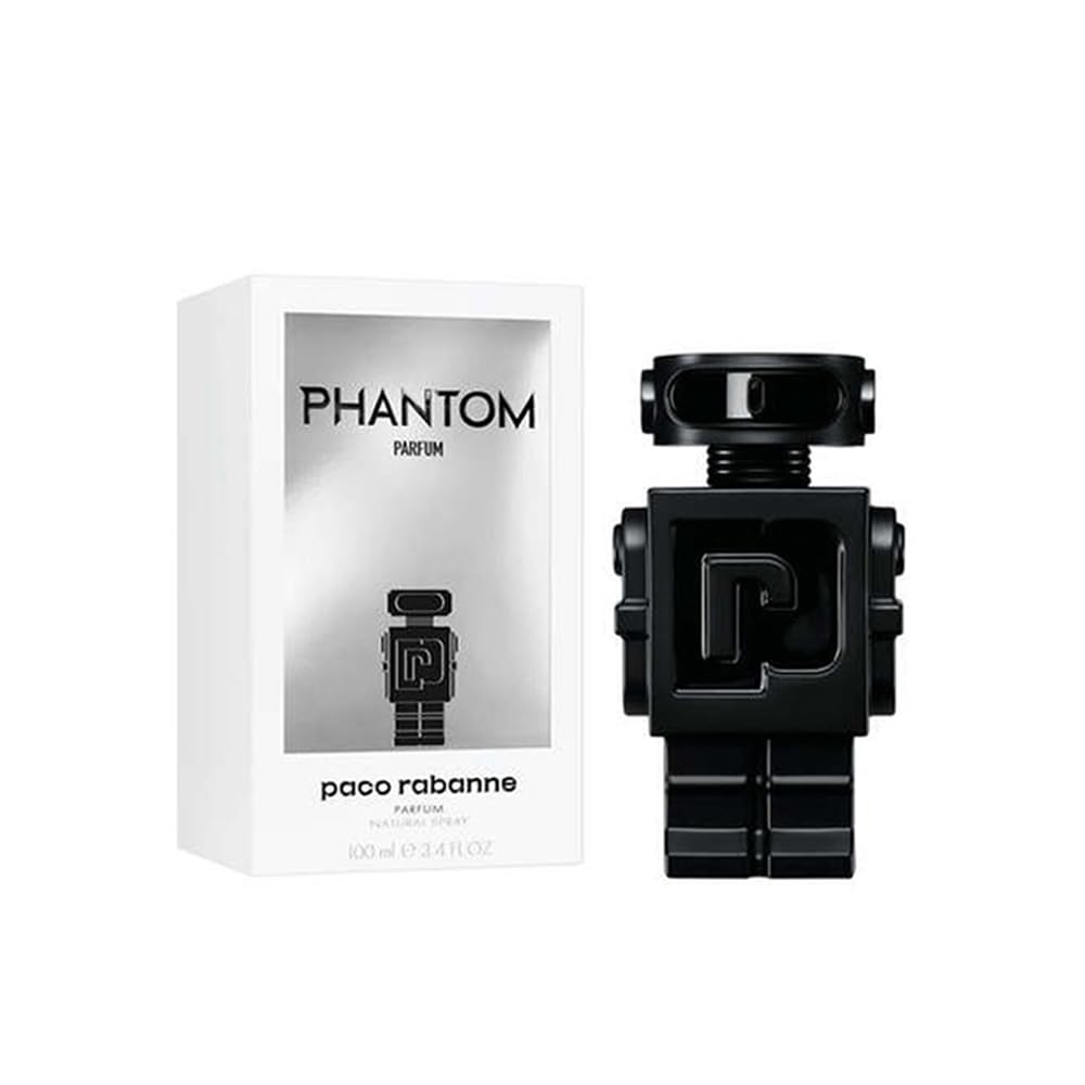 Phantom by Paco Rabanne robot bottle highlights the iconic design and long-lasting aroma for day or night wear.