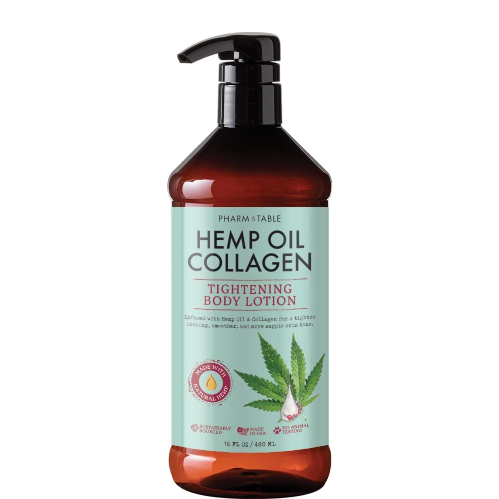 PHARM TO TABLE hemp oil collagen tightening bottle closeup for firming hydration.