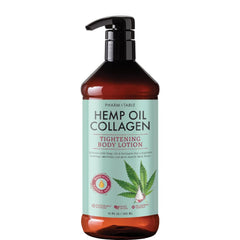 PHARM TO TABLE hemp oil collagen tightening bottle closeup for firming hydration.