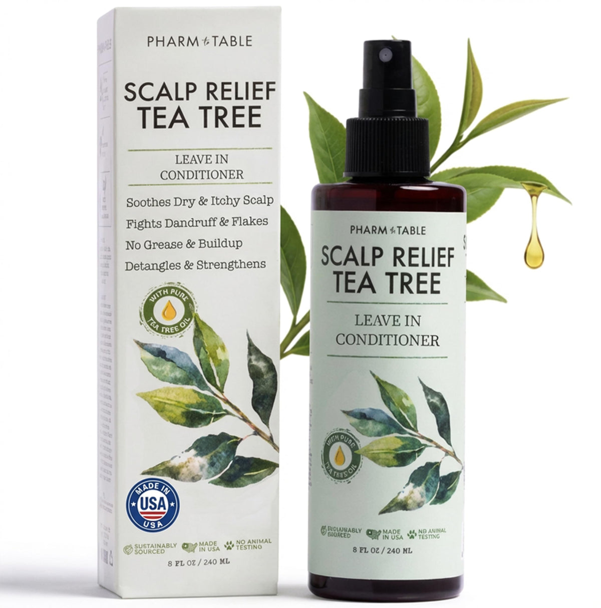 PHARM TO TABLE Leave In Conditioner Tea Tree Bottle — hydrating scalp care for dry, comfortable scalp