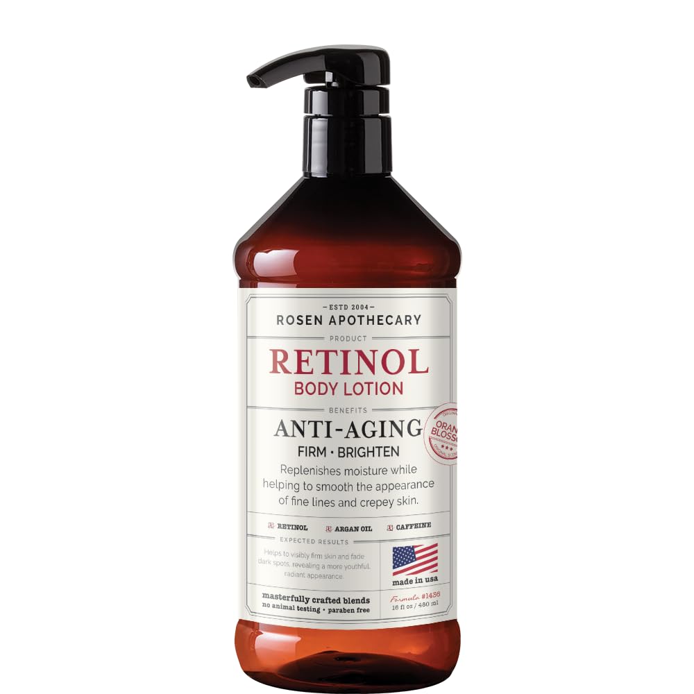 PHARM TO TABLE Rosen Apothecary retinol lotion bottle demonstrates firmer skin and brighter tone.