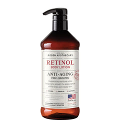 PHARM TO TABLE Rosen Apothecary retinol lotion bottle demonstrates firmer skin and brighter tone.