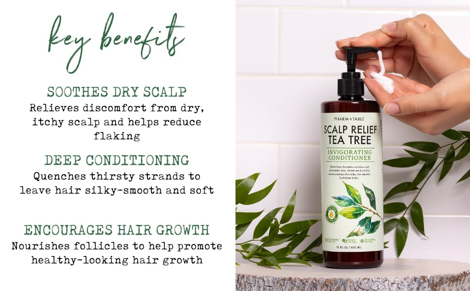 PHARM TO TABLE Tea Tree Conditioner on shower shelf with refreshing aroma
