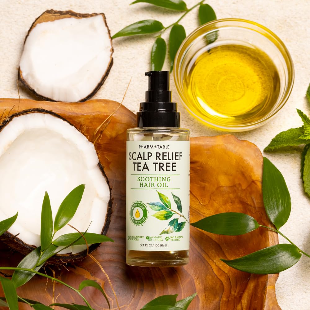 PHARM TO TABLE Tea Tree Hair Oil being applied to scalp for refreshing care