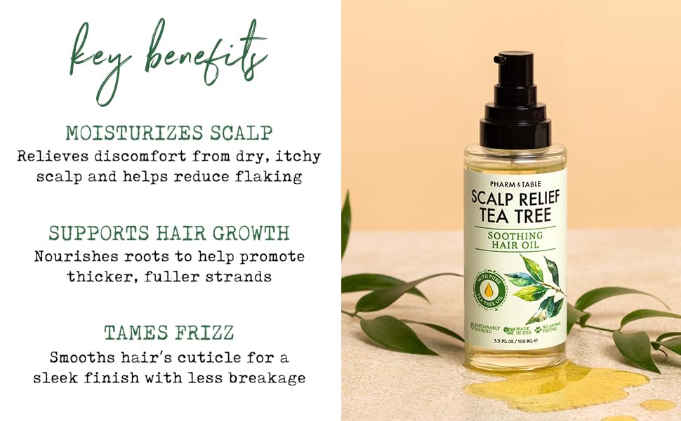 PHARM TO TABLE Tea Tree Hair Oil packaging and ingredient lineup visual highlight