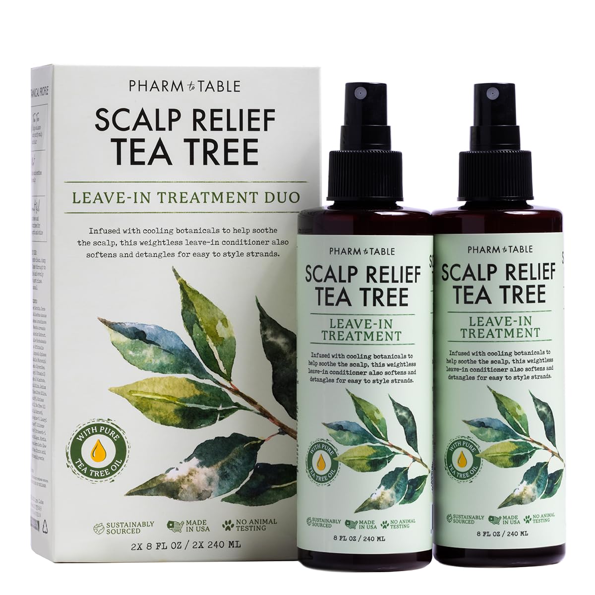 PHARM TO TABLE Tea Tree Leave-In Spray bottle displaying cooling scalp care