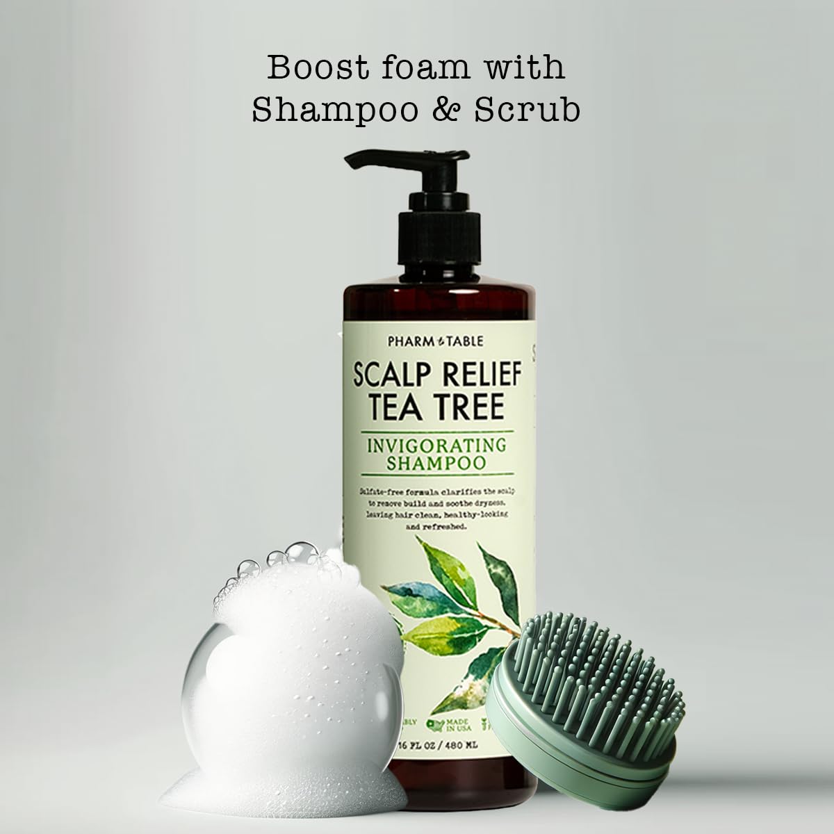 PHARM TO TABLE Tea Tree Shampoo close-up highlights tea tree oil for scalp nourishment.