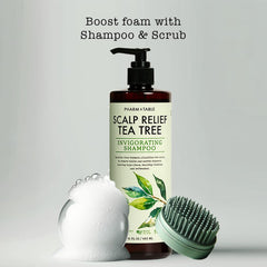 PHARM TO TABLE Tea Tree Shampoo close-up highlights tea tree oil for scalp nourishment.