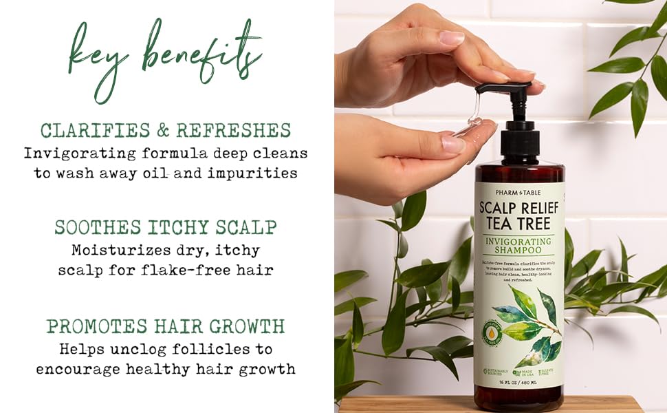 PHARM TO TABLE Tea Tree Shampoo label close-up sulfate-free formula featured.
