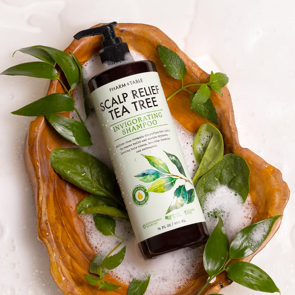 PHARM TO TABLE Tea Tree Shampoo rich lather shown suggesting deep cleansing without residue.