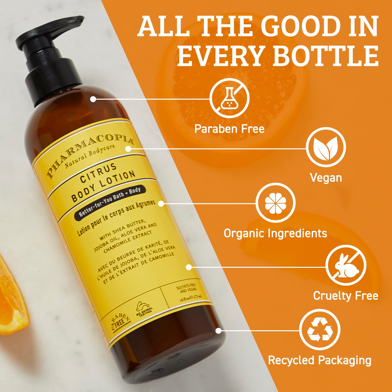 Pharmacopia Citrus Body Lotion with jojoba oil shows balanced moisture and shine control