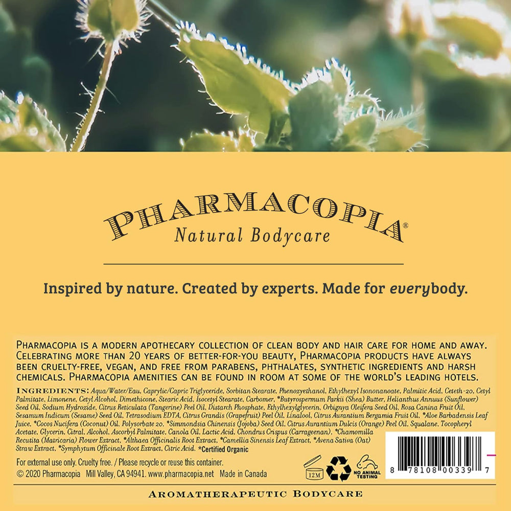 Pharmacopia Citrus Body Lotion packaging shows 100% PCR bottles and eco-friendly design