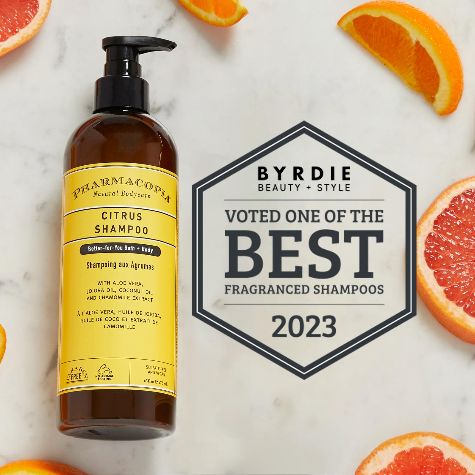 Pharmacopia Citrus Shampoo with aloe vera showing soothing hydration for scalp comfort