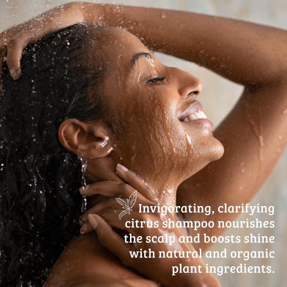Pharmacopia Citrus Shampoo with chamomile extract suggesting calming aroma and gentle cleansing