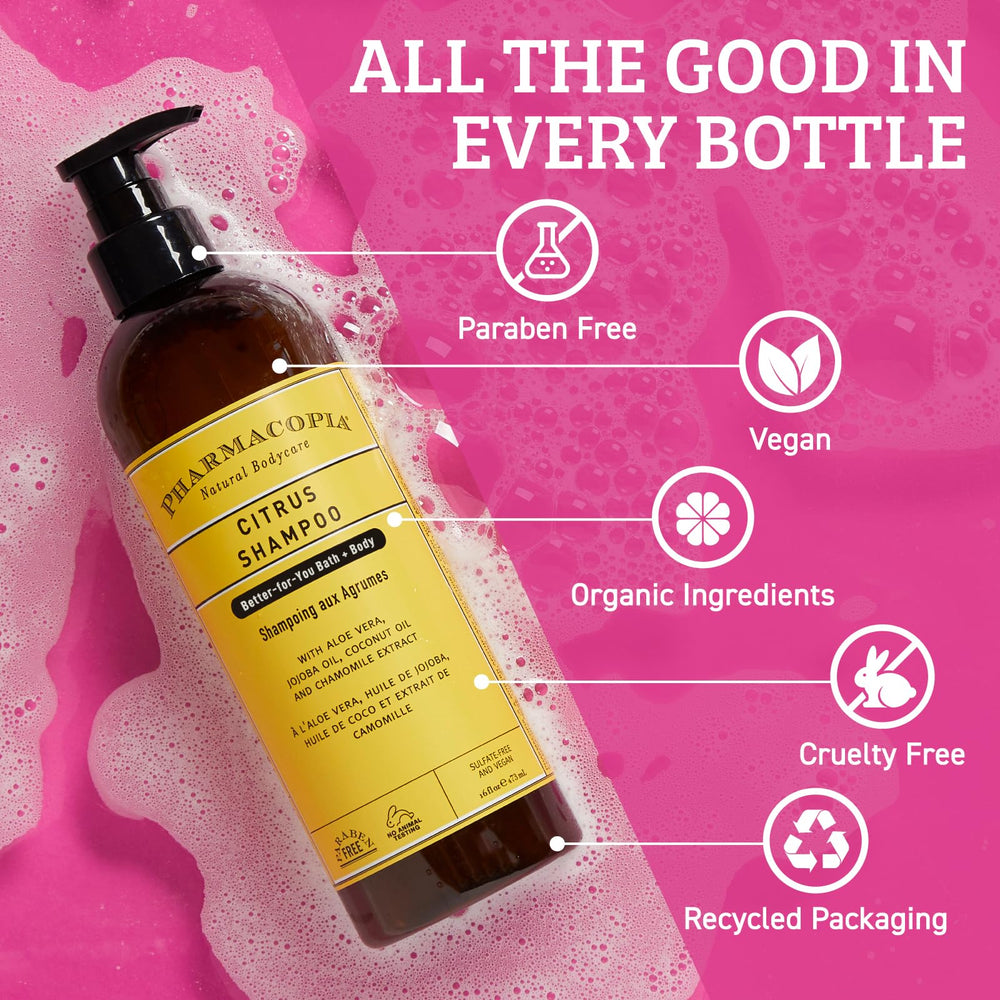 Pharmacopia Citrus Shampoo with coconut oil indicating deep conditioning and smooth hair