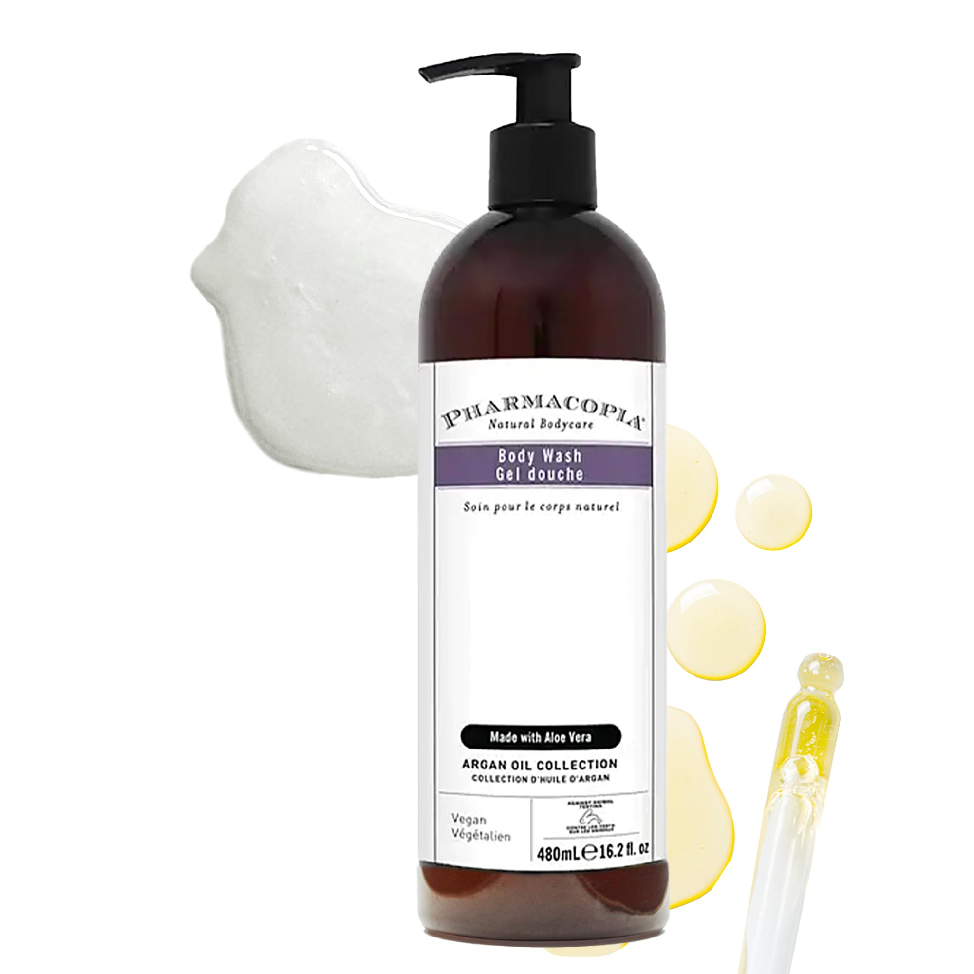 Pharmacopia Hotel Argan Oil Body Wash bottle with premium vegan hydration for daily shower.
