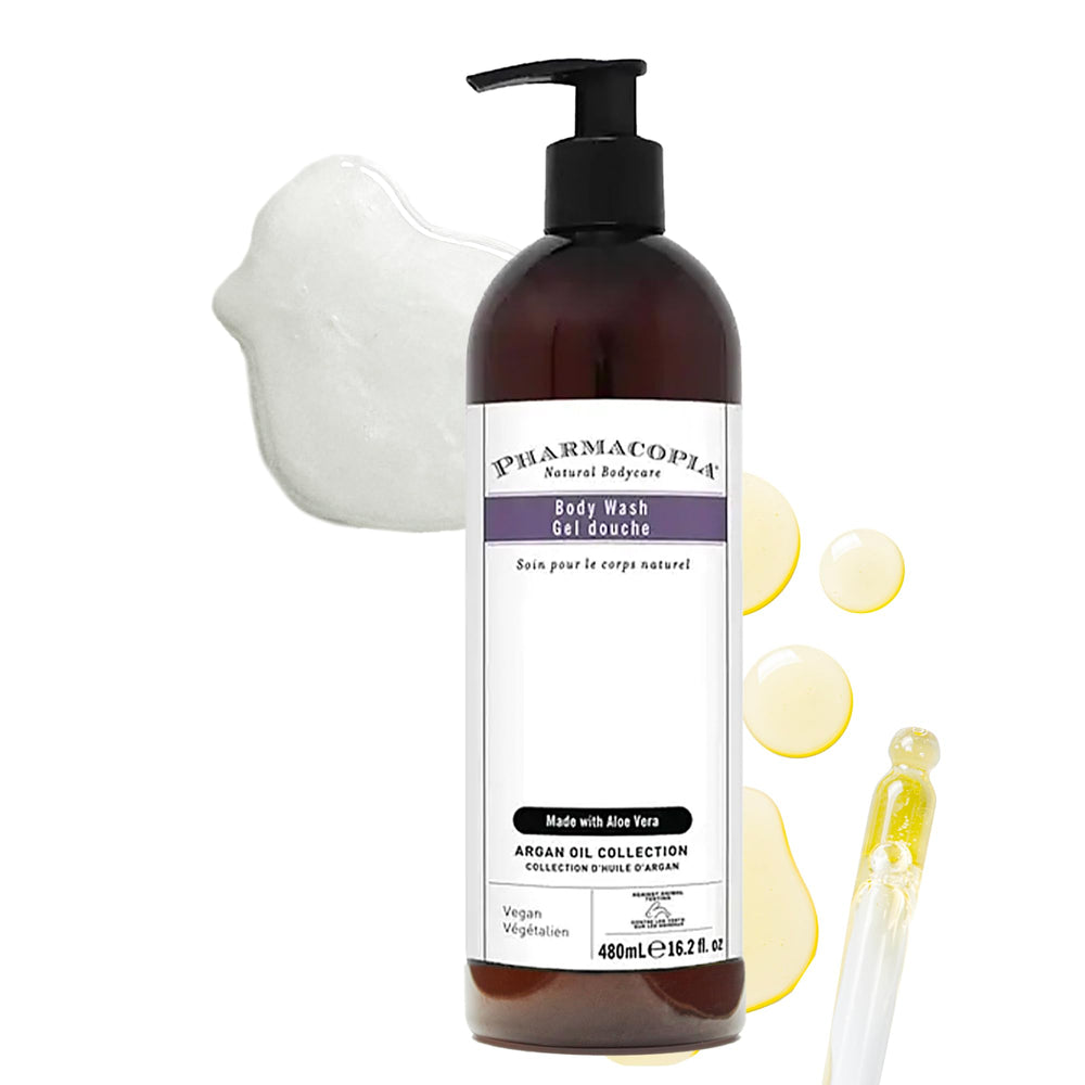 Pharmacopia Hotel Argan Oil Body Wash bottle with premium vegan hydration for daily shower.