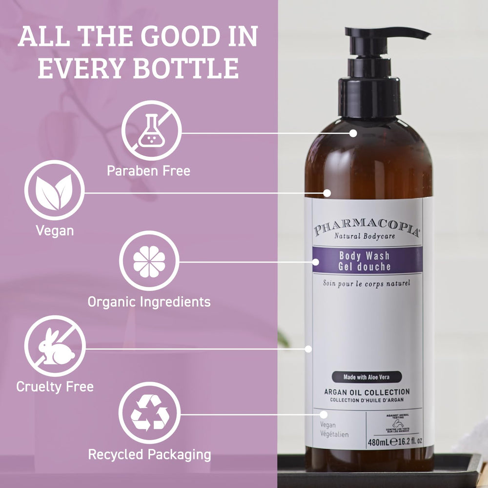 Pharmacopia Hotel Argan Oil Body Wash green tea image for antioxidant-inspired refreshment.