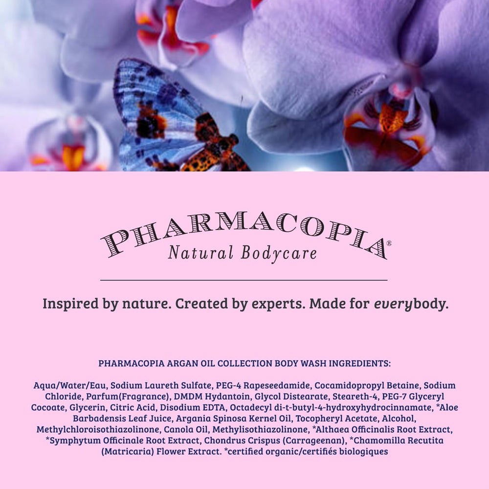 Pharmacopia Hotel Argan Oil Body Wash packaging showcasing recyclable design.