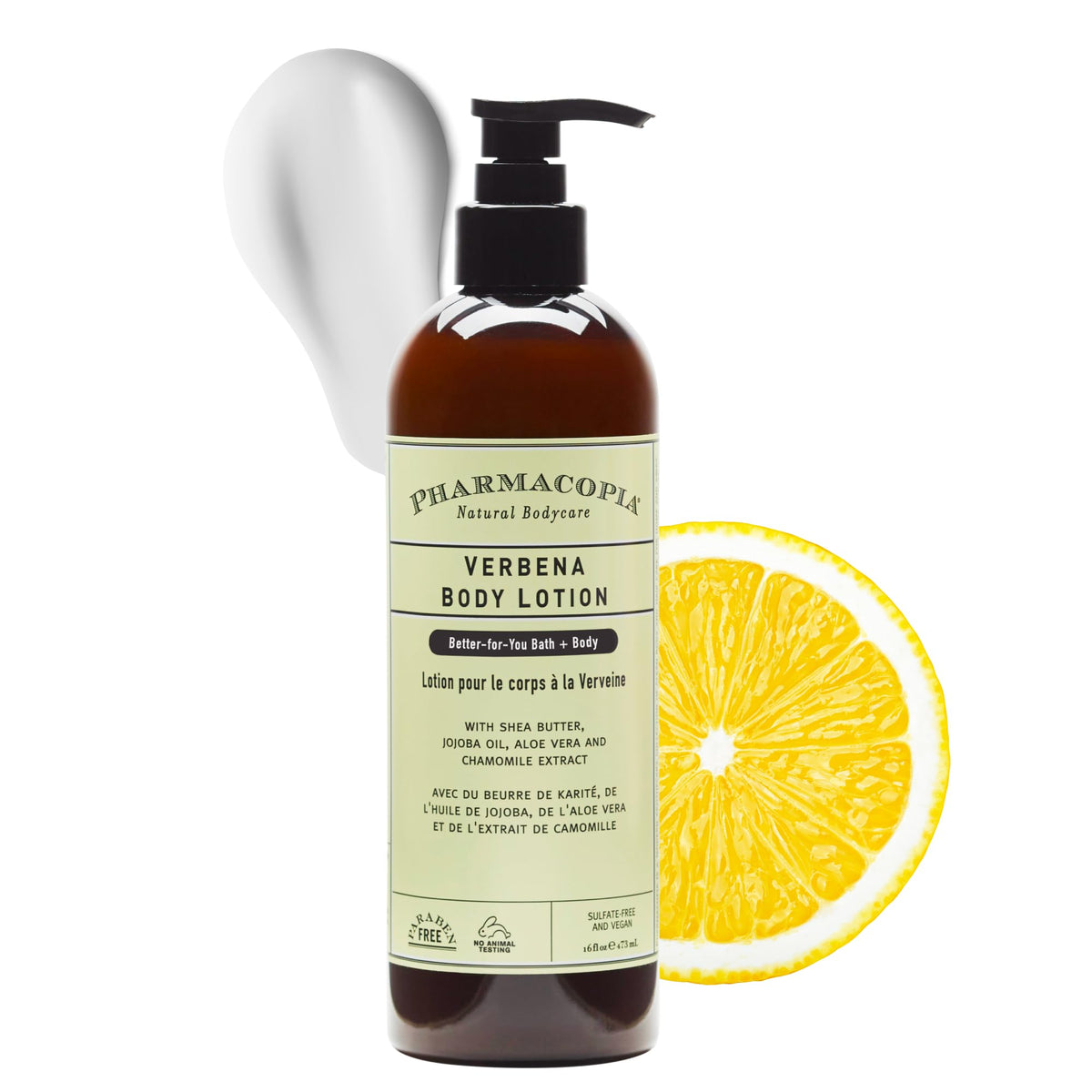 Pharmacopia Verbena Lotion bottle demonstrates hydrating skin after shower