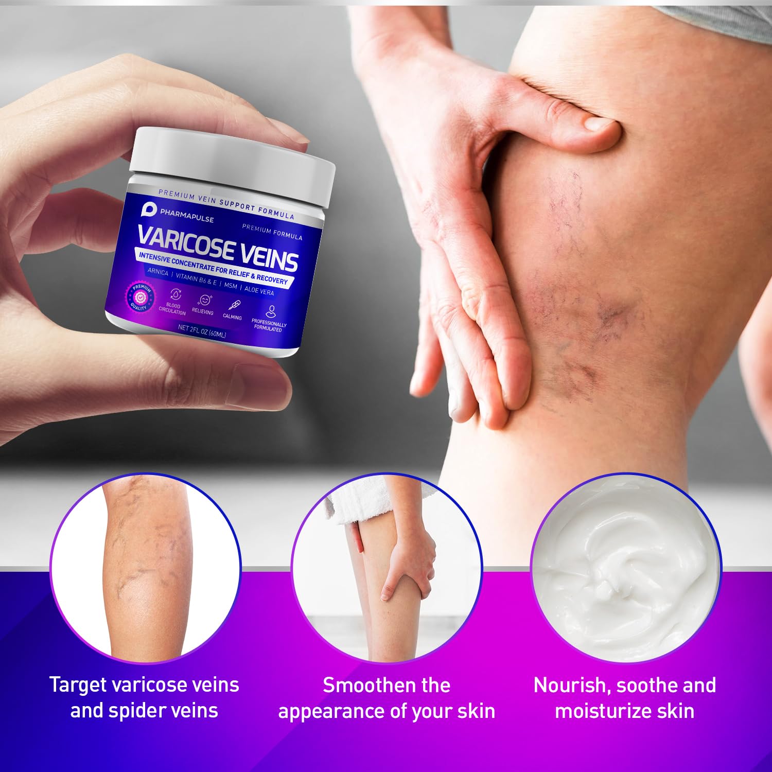 Pharmapulse Leg Comfort Cream on leg demonstrates quick absorption.