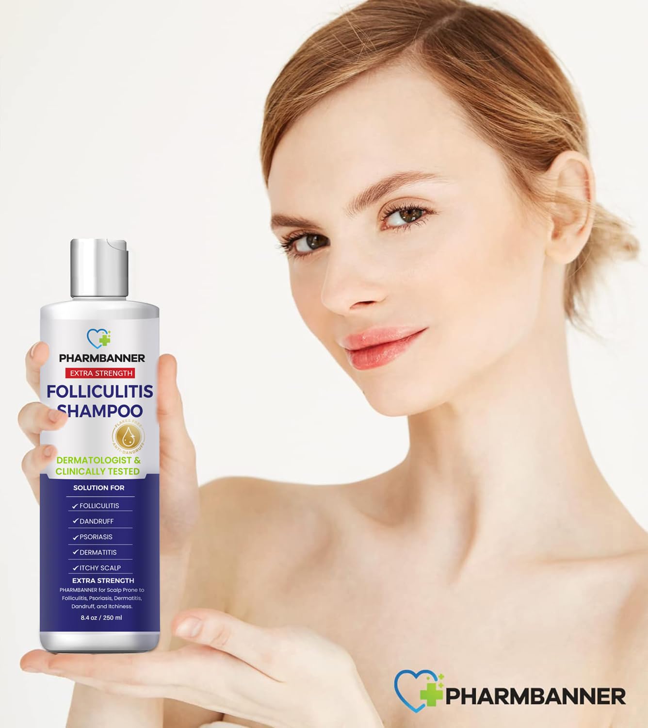PHARMBANNER user-application shot shows massage into scalp for 3-5 minutes