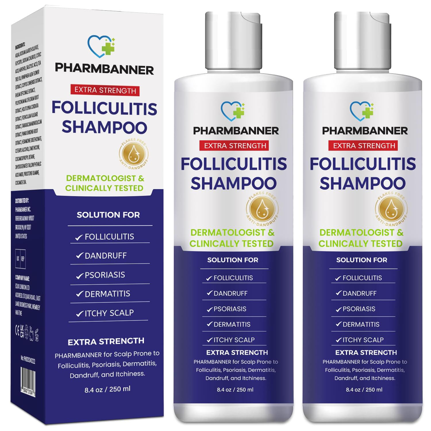PHARMBANNER Anti-Fungal Shampoo bottle close-up suggests gentle cleansing for itchy scalps