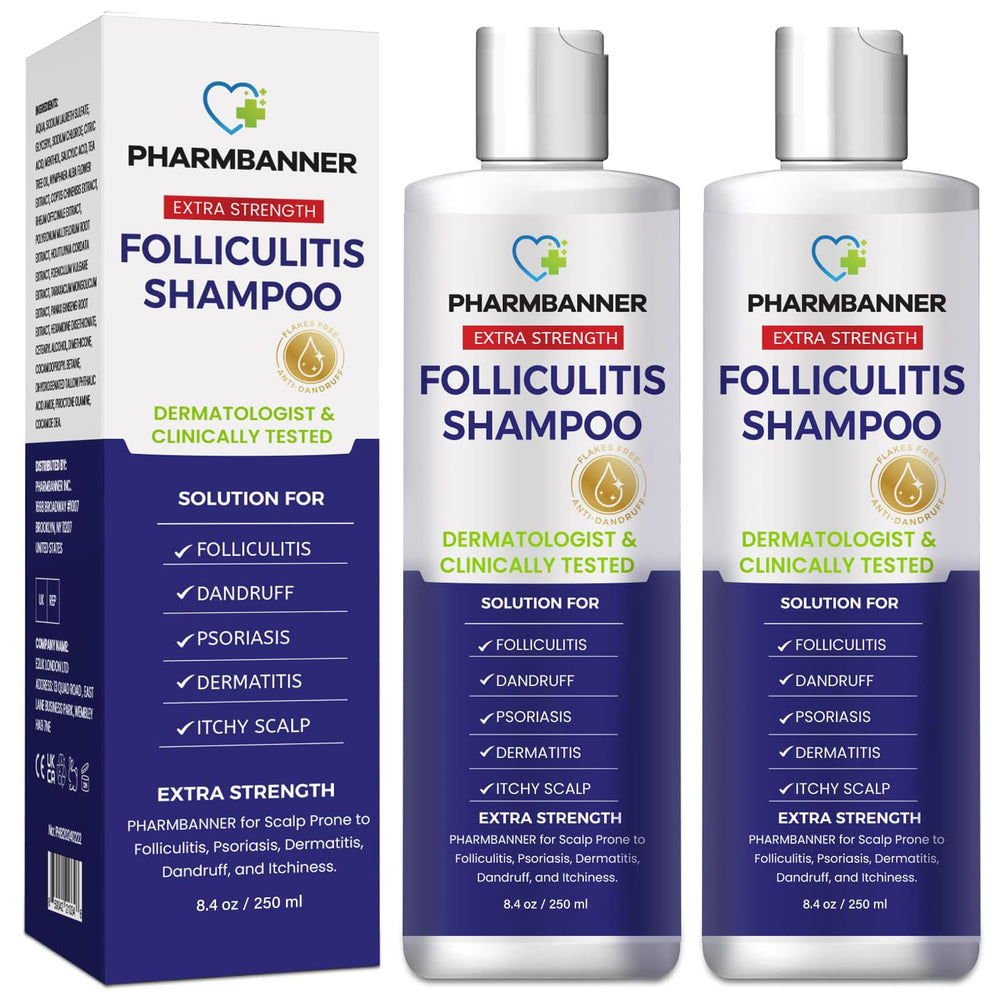 PHARMBANNER Anti-Fungal Shampoo bottle close-up suggests gentle cleansing for itchy scalps
