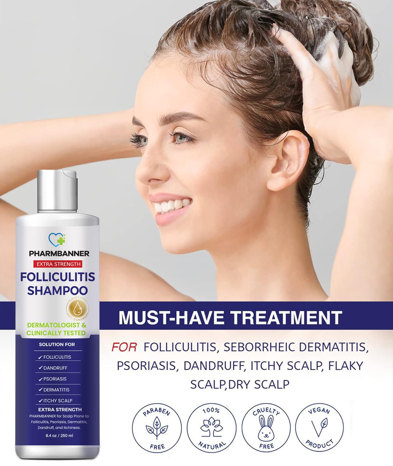 PHARMBANNER Anti-Fungal Shampoo bottle on bathroom shelf conveys a clean, calming ritual