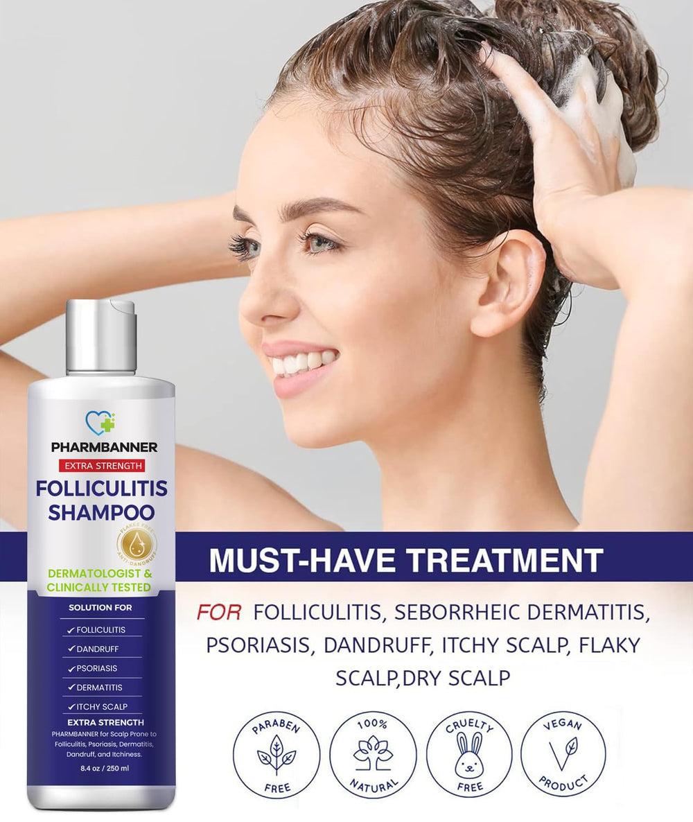 PHARMBANNER Anti-Fungal Shampoo bottle on bathroom shelf conveys a clean, calming ritual