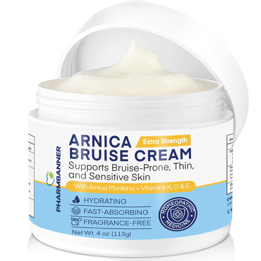 PHARMBANNER Arnica Bruise Cream bottle showing fast-acting relief for bruising.