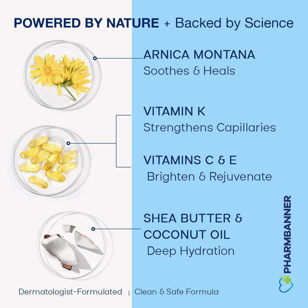 PHARMBANNER Arnica cream packaging displays vitamins K, C & E for healthier-looking skin.