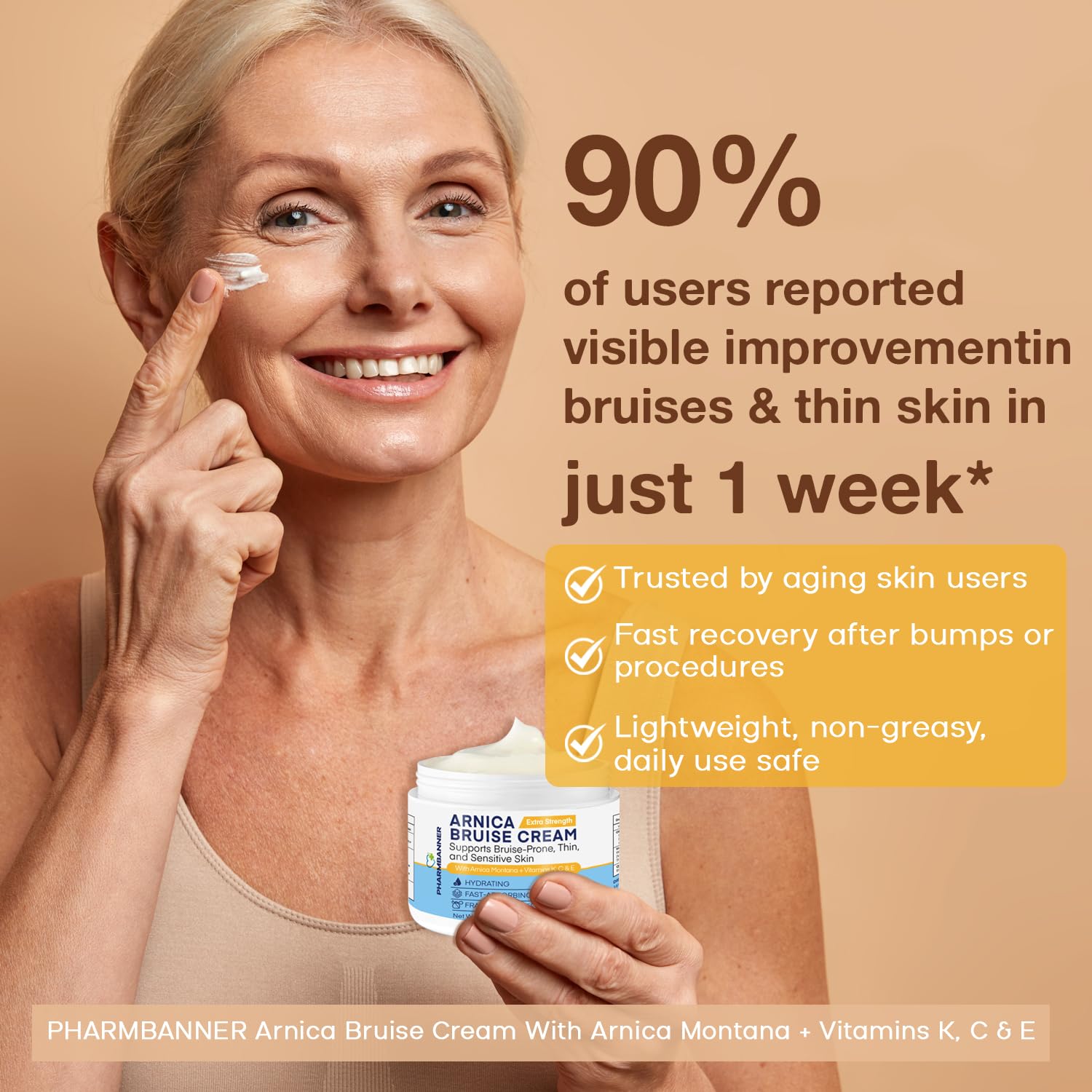 PHARMBANNER Arnica cream close-up texture highlighting silky, non-greasy feel for face and body.
