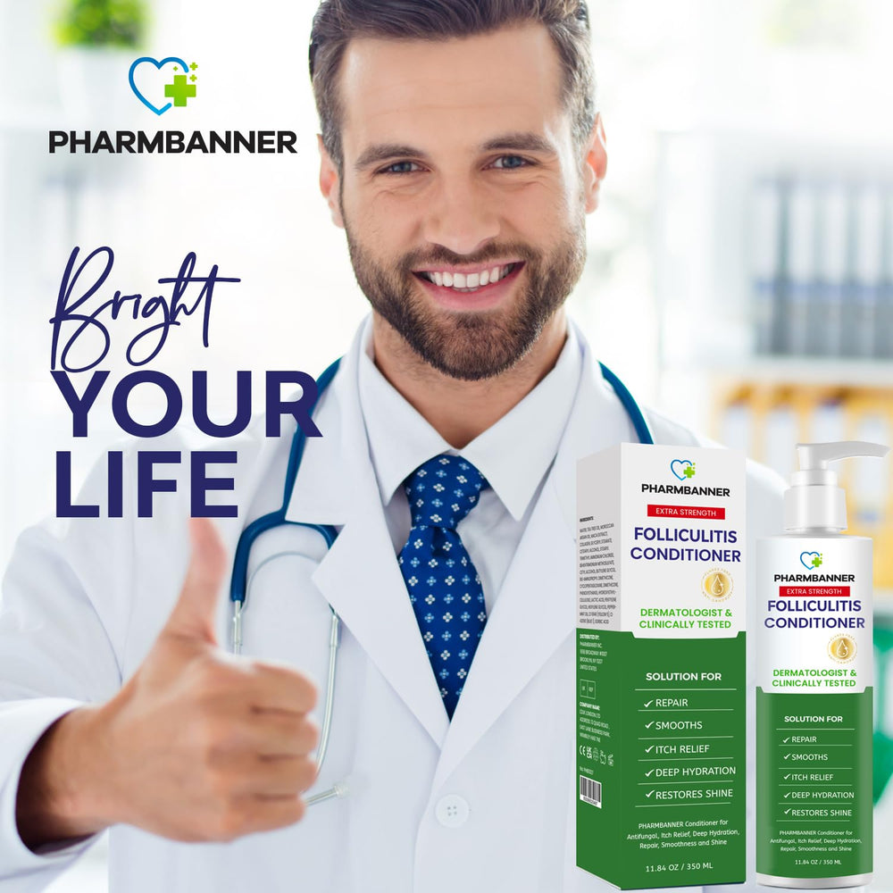 PHARMBANNER Folliculitis Conditioner daily-use pump bottle in bathroom setting.