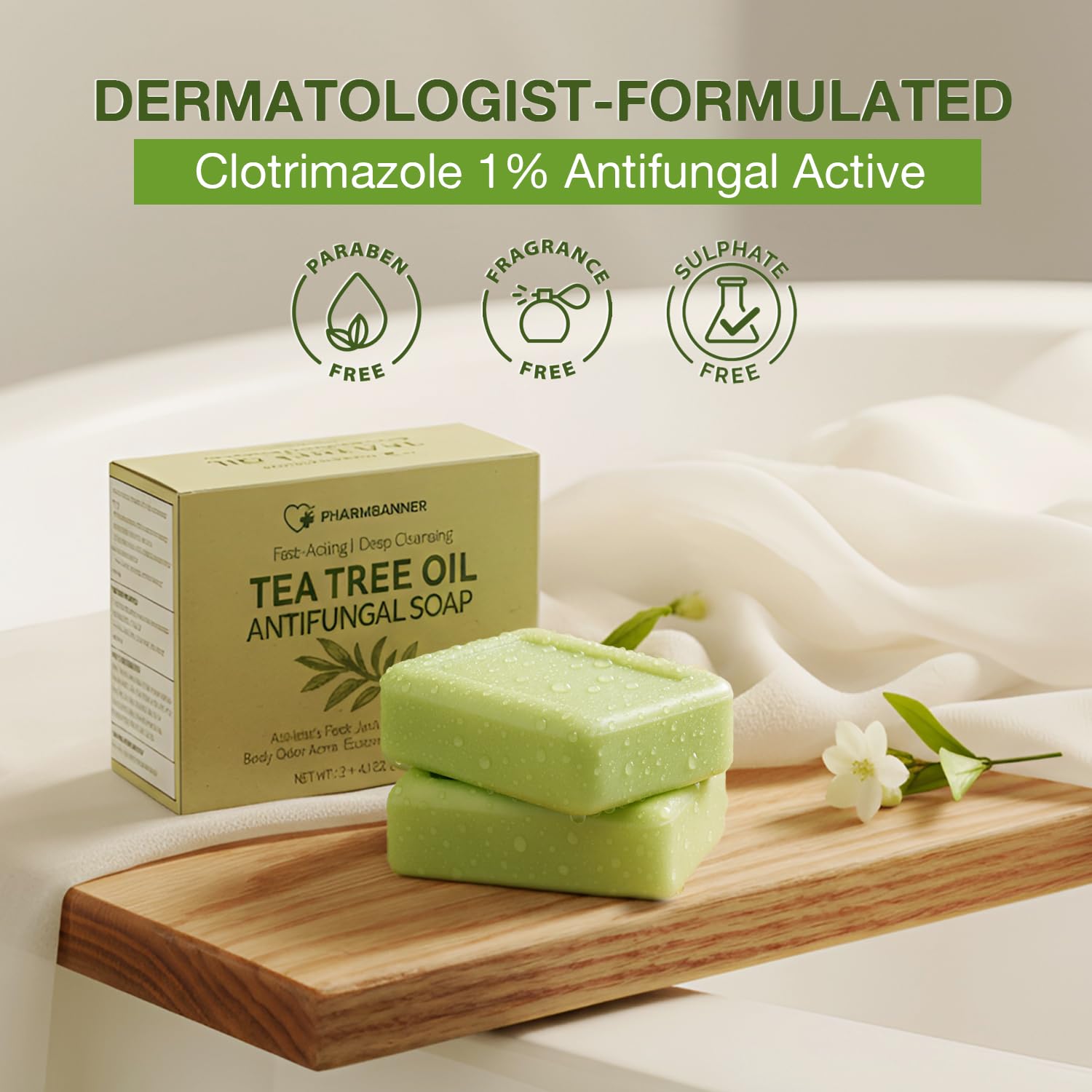 PHARMBANNER Tea Tree Antifungal Soap Bar shower foam in use