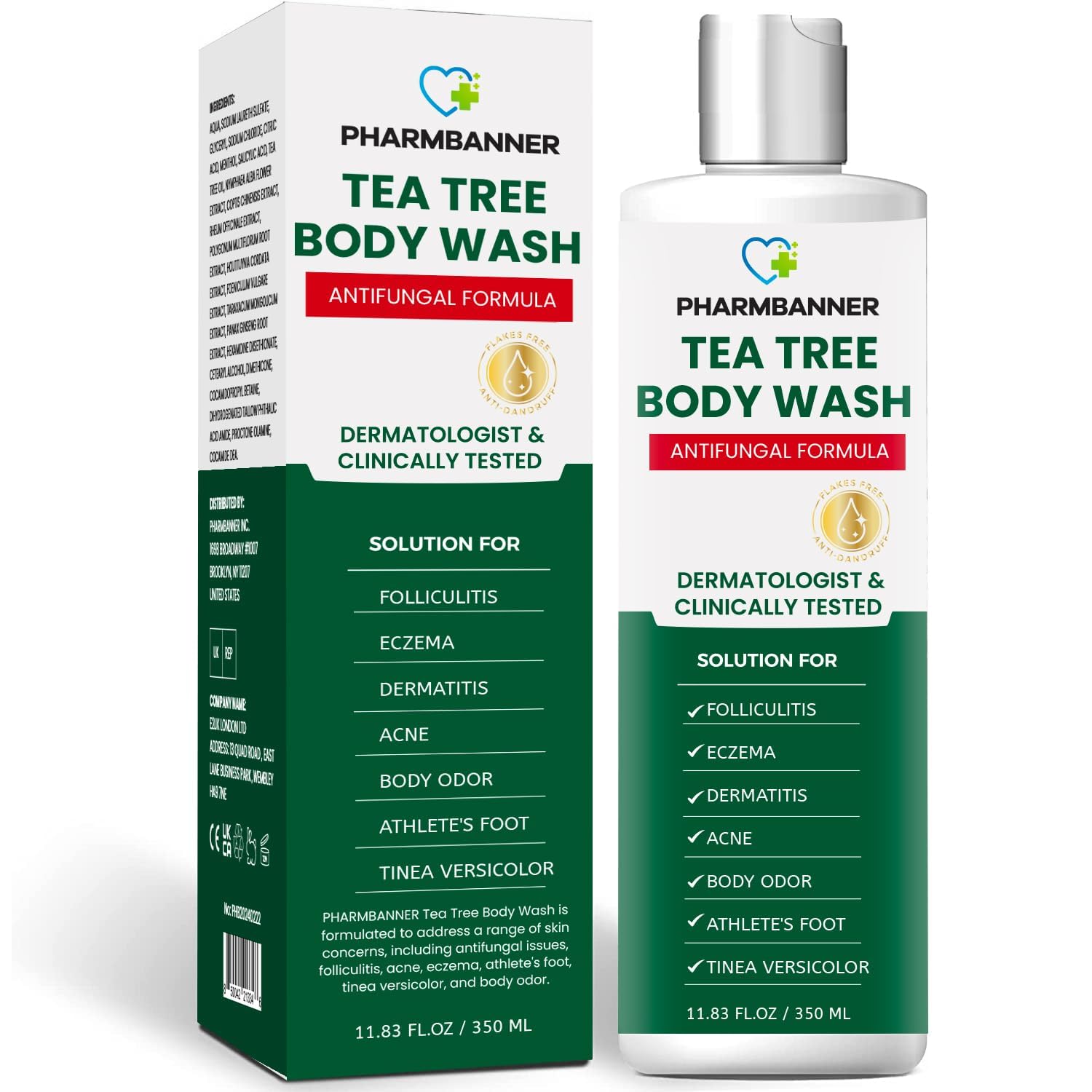 PHARMBANNER Tea Tree Body Wash bottle front view for gentle daily cleansing.
