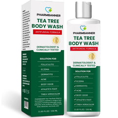 PHARMBANNER Tea Tree Body Wash bottle front view for gentle daily cleansing.