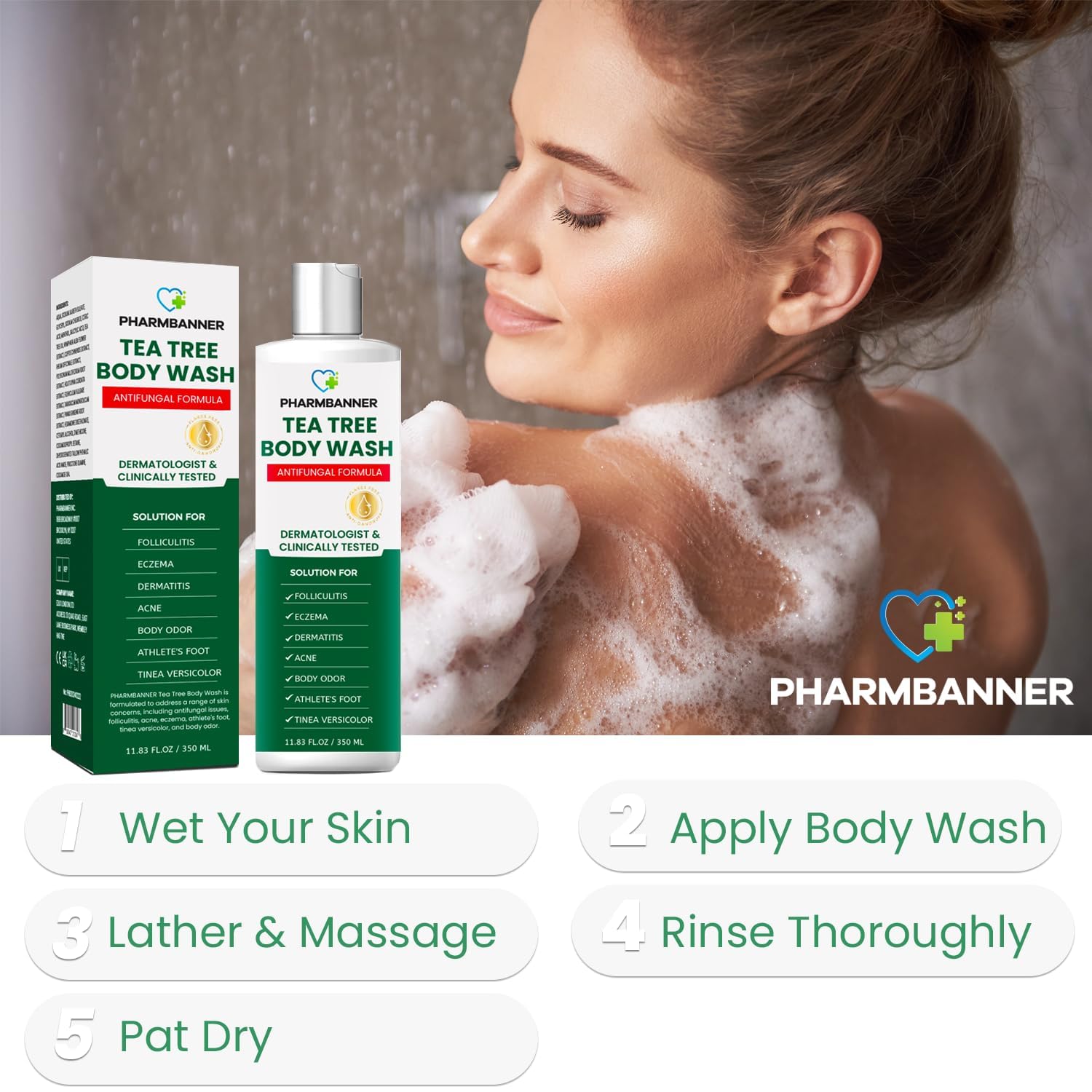 PHARMBANNER Tea Tree Body Wash used on face and body for daily care.