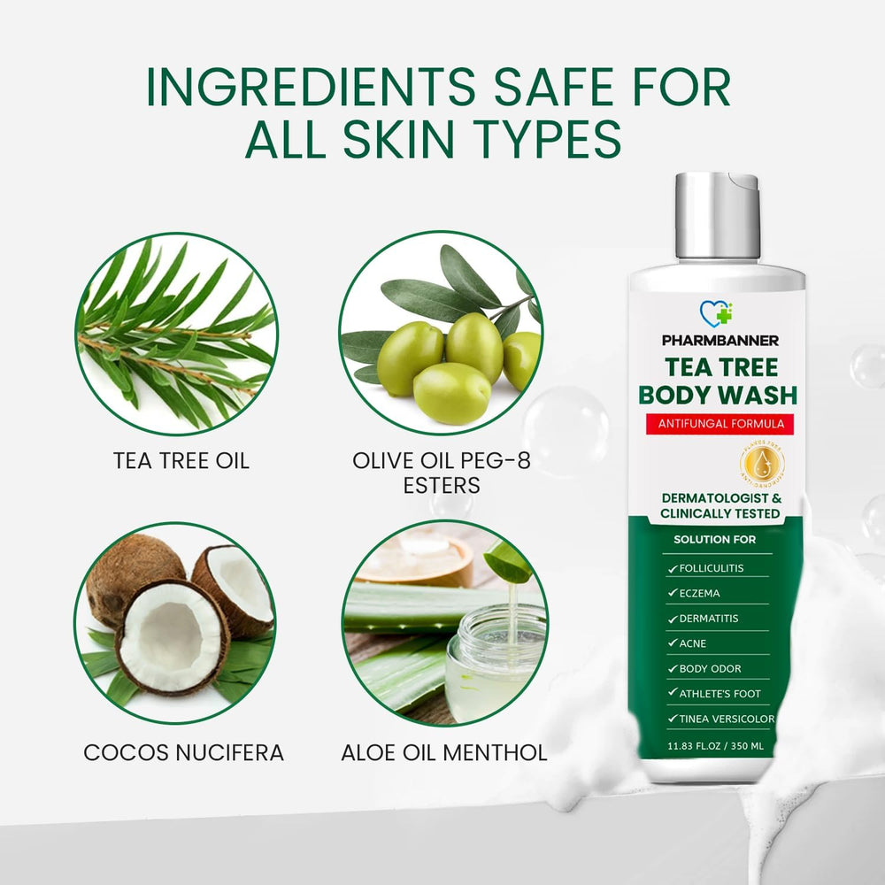 PHARMBANNER Tea Tree Body Wash hydration with olive oil for soft skin.