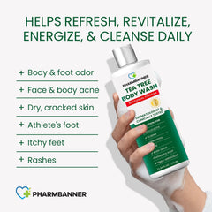 PHARMBANNER Tea Tree Body Wash label close-up shows natural ingredients.