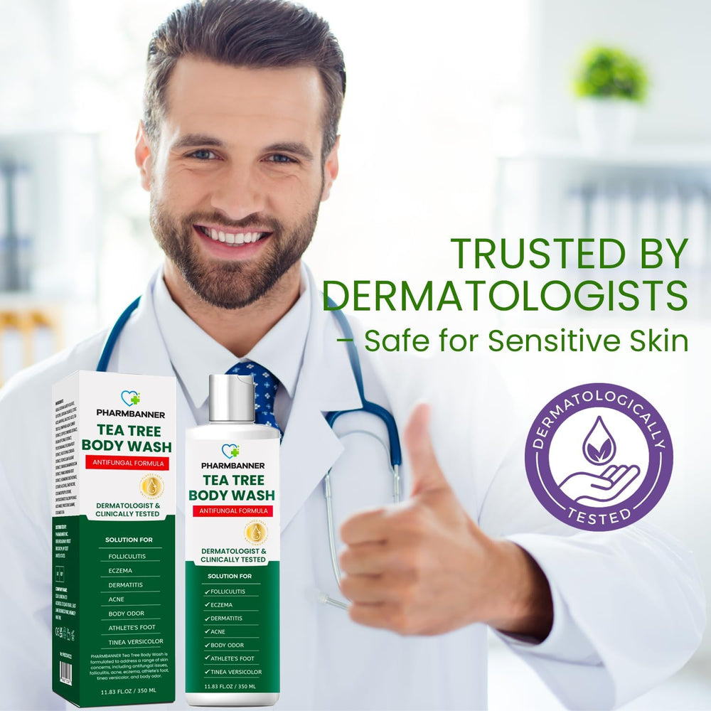 PHARMBANNER Tea Tree Body Wash liquid pour hints at quick refreshing cleanse.