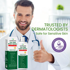 PHARMBANNER Tea Tree Body Wash liquid pour hints at quick refreshing cleanse.