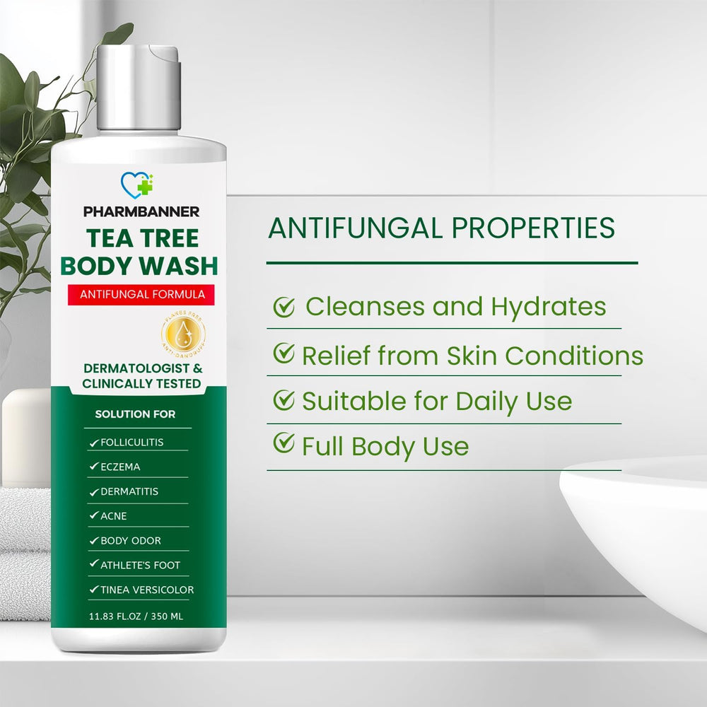 PHARMBANNER Tea Tree Body Wash packaging eco-friendly design and recyclable materials.