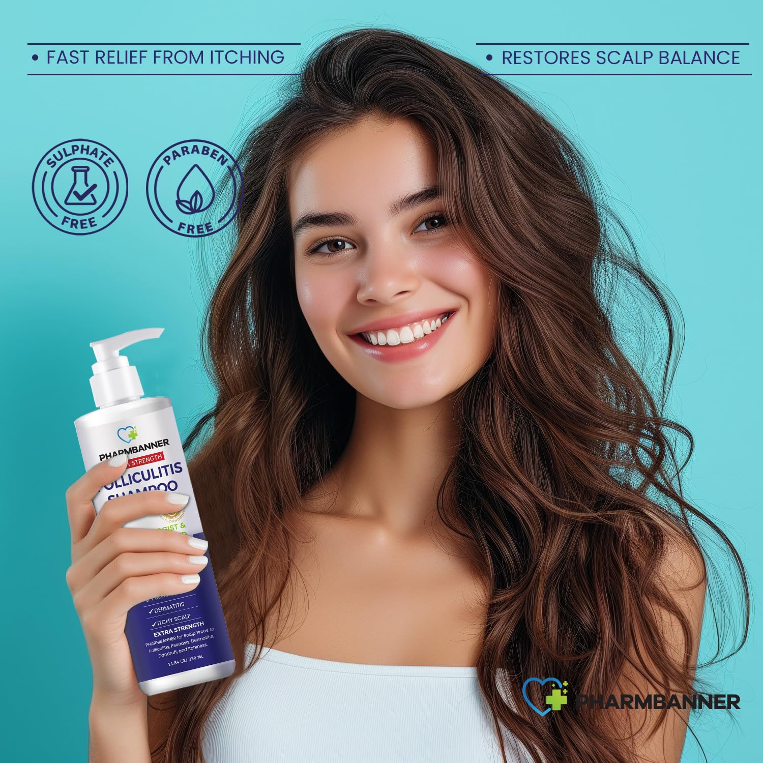 PHARMBANNER tea tree oil droplets closeup highlights clarifying properties on scalp.