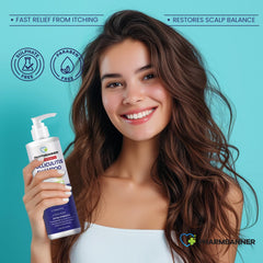 PHARMBANNER tea tree oil droplets closeup highlights clarifying properties on scalp.