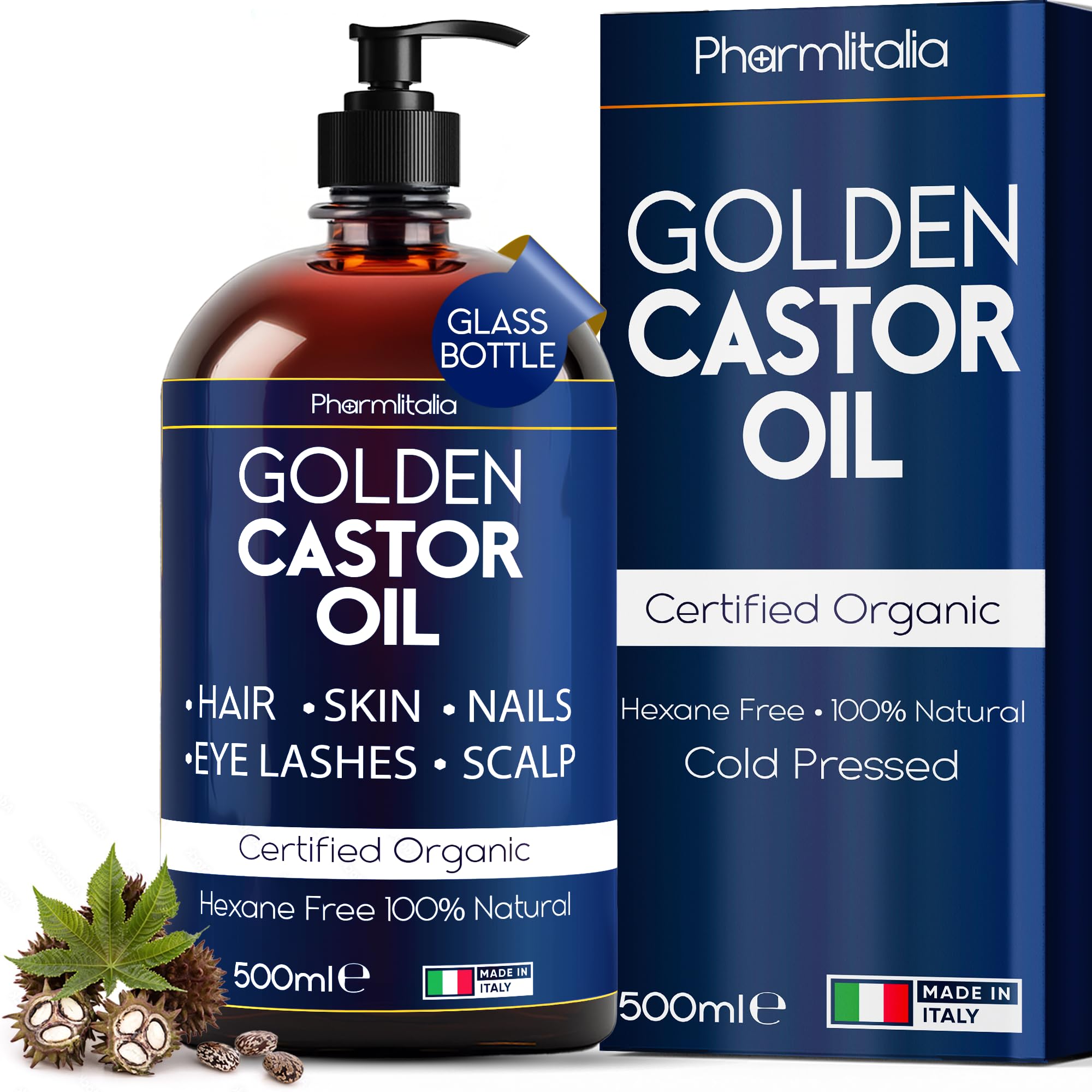 Pharmlitalia caster oil amber glass bottle protects freshness for hair care.
