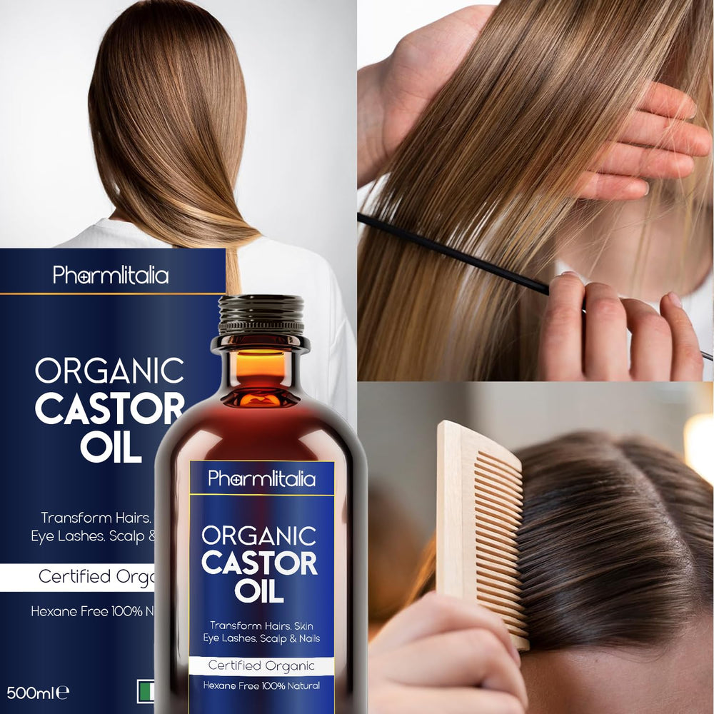 Pharmlitalia golden castor oil shows rich amber hue for skin and hair care.