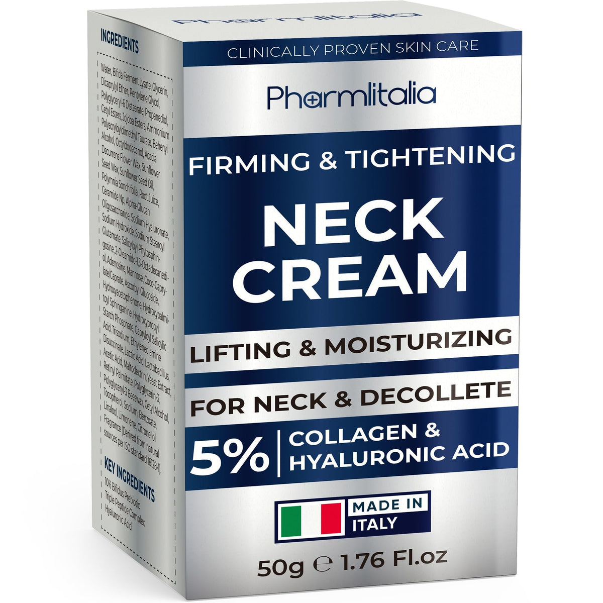 Pharmlitalia neck cream bottle shows firming neck skin benefits