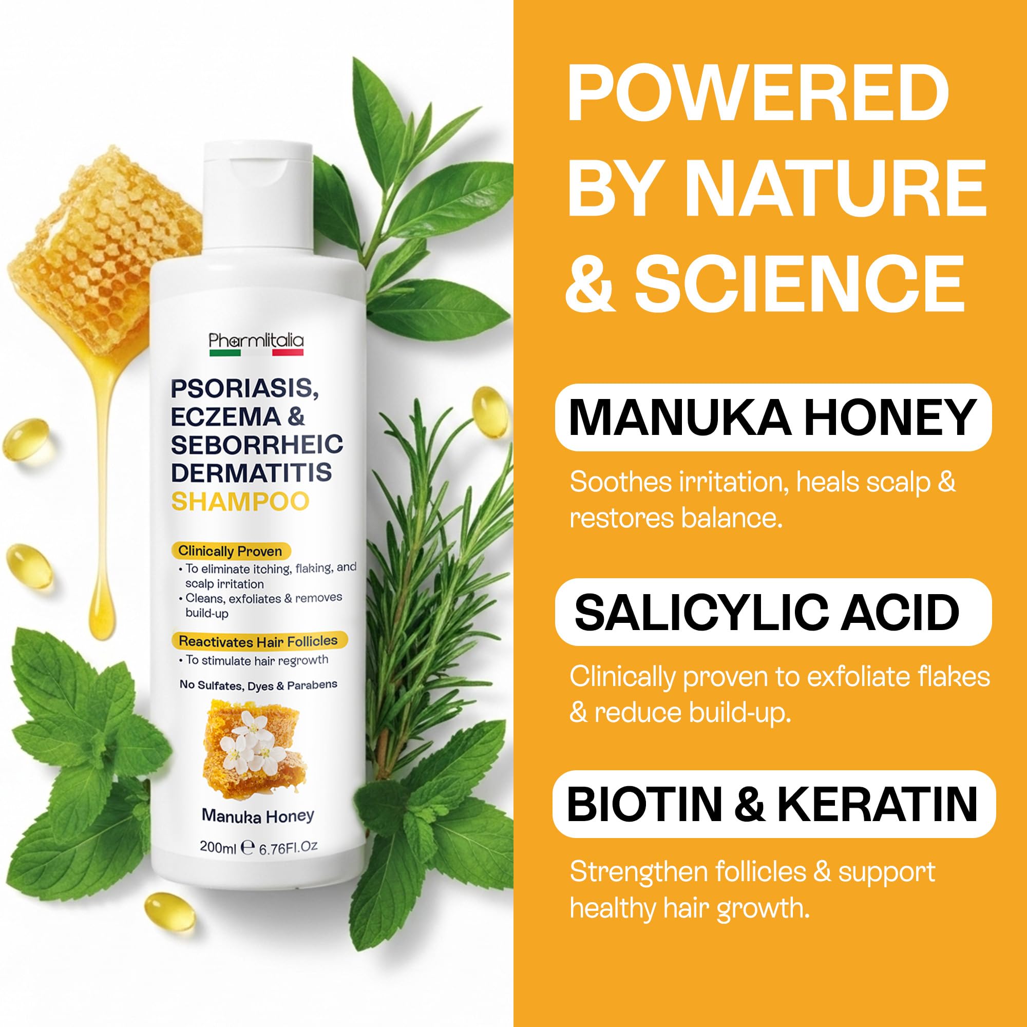Pharmlitalia psoriasis shampoo packaging highlights natural honey-based therapy for scalp health